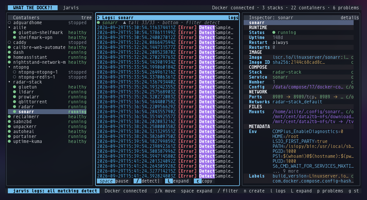 WhatTheDock showing a container tree, a filtered colour-coded log and the container inspector